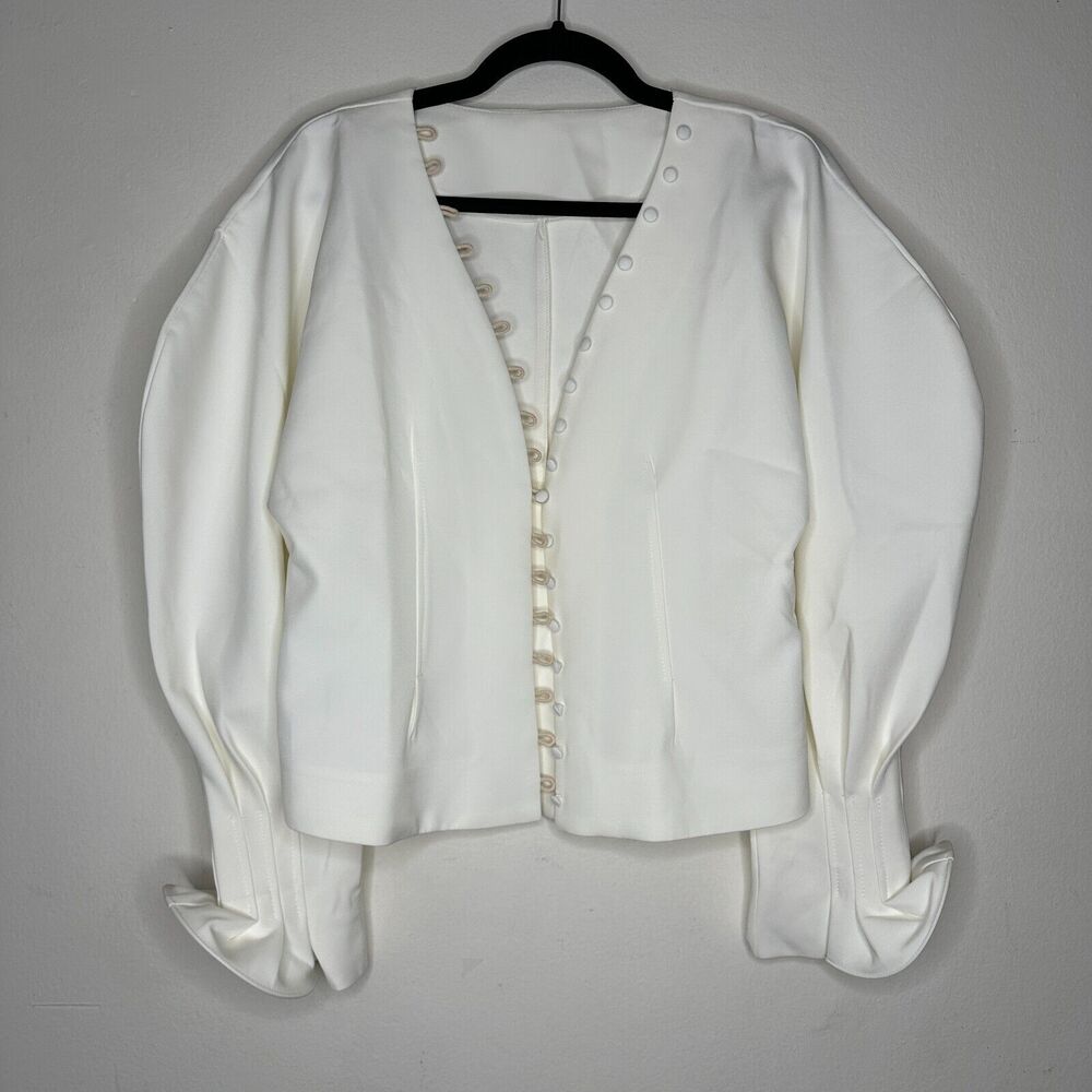 Cream V-Neck Loop & Button Front Balloon Pleated Cuff Sleeve Crop Blouse Med - Picture 11 of 11